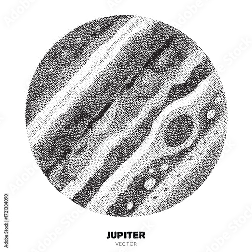 Planet Jupiter. Isolated element handdrawn with ink. Pointillism, dotted