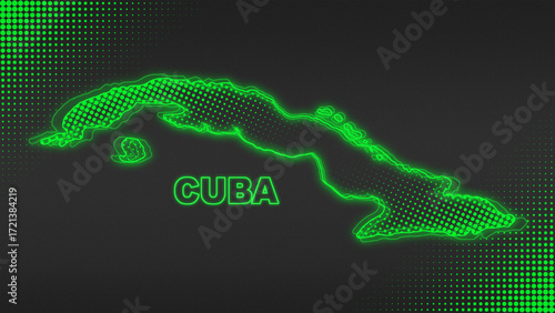 Photography Neon Green Cuba Map Outline Futuristic Digital Glow Halftone Illustration