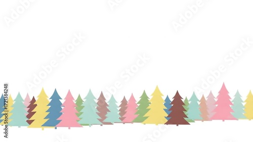 Colorful Paper Cutout Christmas Trees Moving Across White Background in Animation