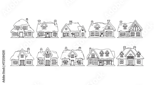 Collection of charming european village houses in a distinctive silhouette style