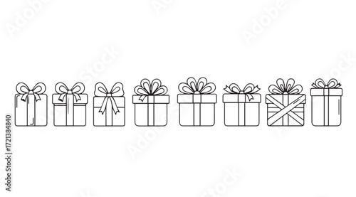 A row of hand drawn gift boxes with ribbons and bows silhouette