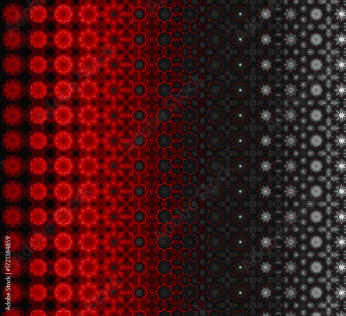 Radiant Transition mesmerizing geometric pattern that shifts from vibrant glowing red on the left to subtle grayscale tones on the right, creating a seamless gradient of luminous mandala-like forms.
