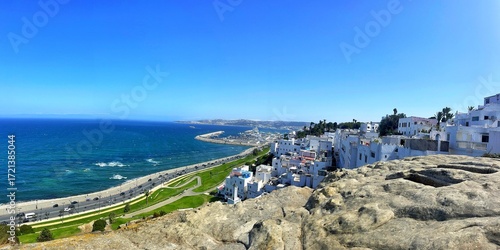 A panoramic view of the old city of Tangier with a view of link between the Mediterranean sea and the Atlantic sea and the port of tangier, morocco
