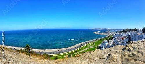 A panoramic view of the old city of Tangier with a view of link between the Mediterranean sea and the Atlantic sea and the port of tangier, morocco
