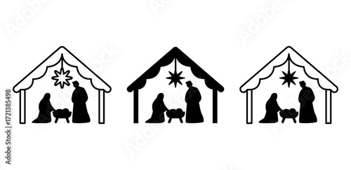 Nativity scene vector icon. Holy family with manger symbol representing Christmas traditions and Christian holiday celebrations.
