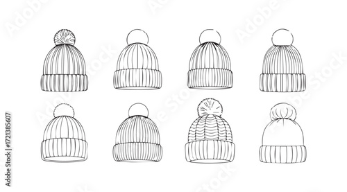 Collection of eight detailed hand drawn winter hat silhouettes in a grid layout silhouette