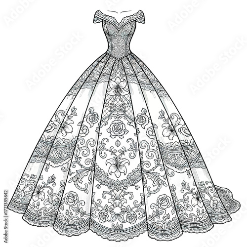 Elegant Bridal Gown Vector Illustration with Floral Lace Pattern Vintage Style Black White Design