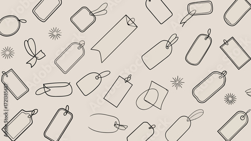 A seamless pattern of outlined tags and starbursts on a light beige background in a simple line drawing style