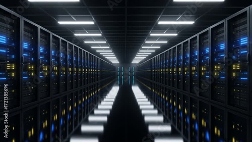 Futuristic Data Center Corridor with Server Racks and LED Lighting in a High-Tech Environment