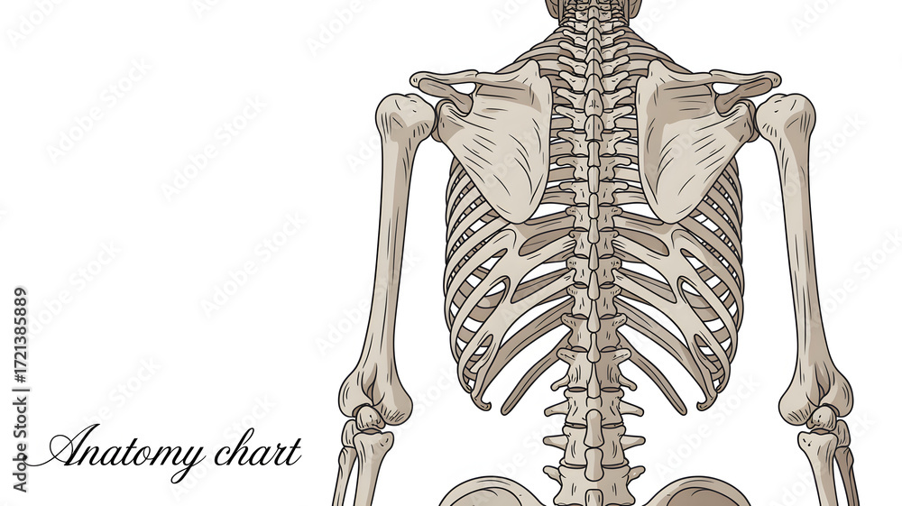 Obraz premium Detailed Human Skeleton Back View Anatomy Illustration with Labeled Bones and Spine on White Background