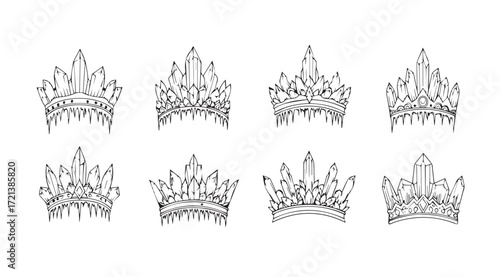 Collection of ornate crown silhouettes with intricate details and jewel embellishments silhouette