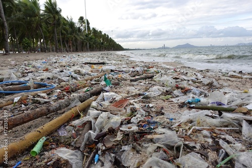 Trash scattered along the tropical beach, with plastic bags, bottles, ropes, and marine debris washed ashore. 