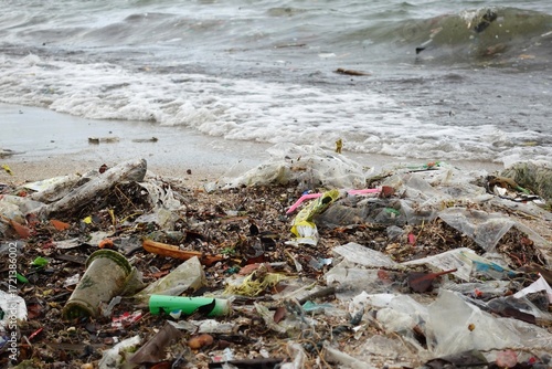 A vast amount of trash and debris is seen washed ashore on a beach, with ocean waves in the background. 