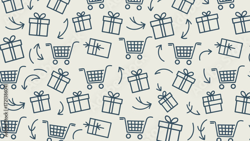 A seamless pattern of shopping carts, gift boxes and arrows on a light background for retail themes