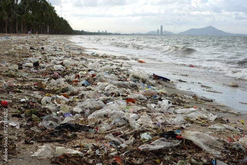 A wide-angle shot showing a beautiful coastline overwhelmed by trash and plastic debris, while a city skyline is visible in the background.