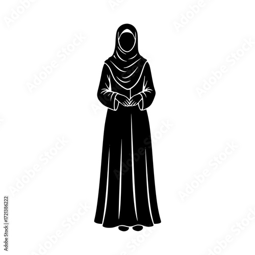 Full body silhouette of a woman wearing a hijab and long dress holding an open book isolated on transparent background silhouette