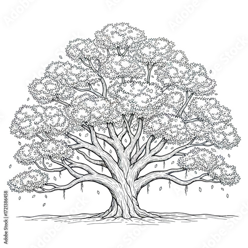 Detailed Organic Vector Illustration of Large Tree with Branches and Leaves in Black and White