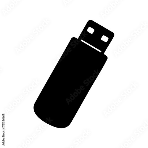 Simple black and white silhouette of a USB flash drive with white background