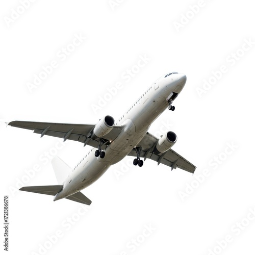 Modern commercial airliner ascending into the sky with landing gear extended isolated on white background