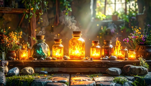 Mystical candles and jars under night sky high resolution photo