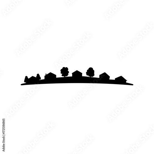 Black silhouette vector landscape featuring houses, trees, and rolling hills on white background