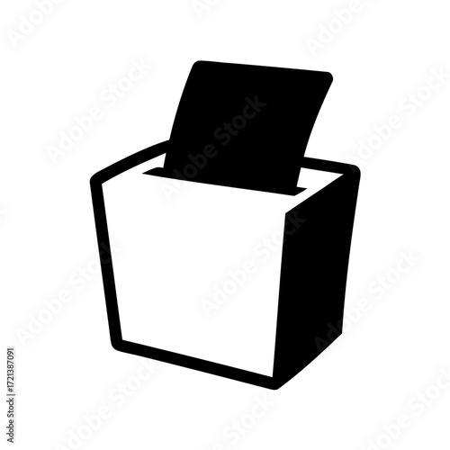 Black and white icon of a ballot box with paper vote inside