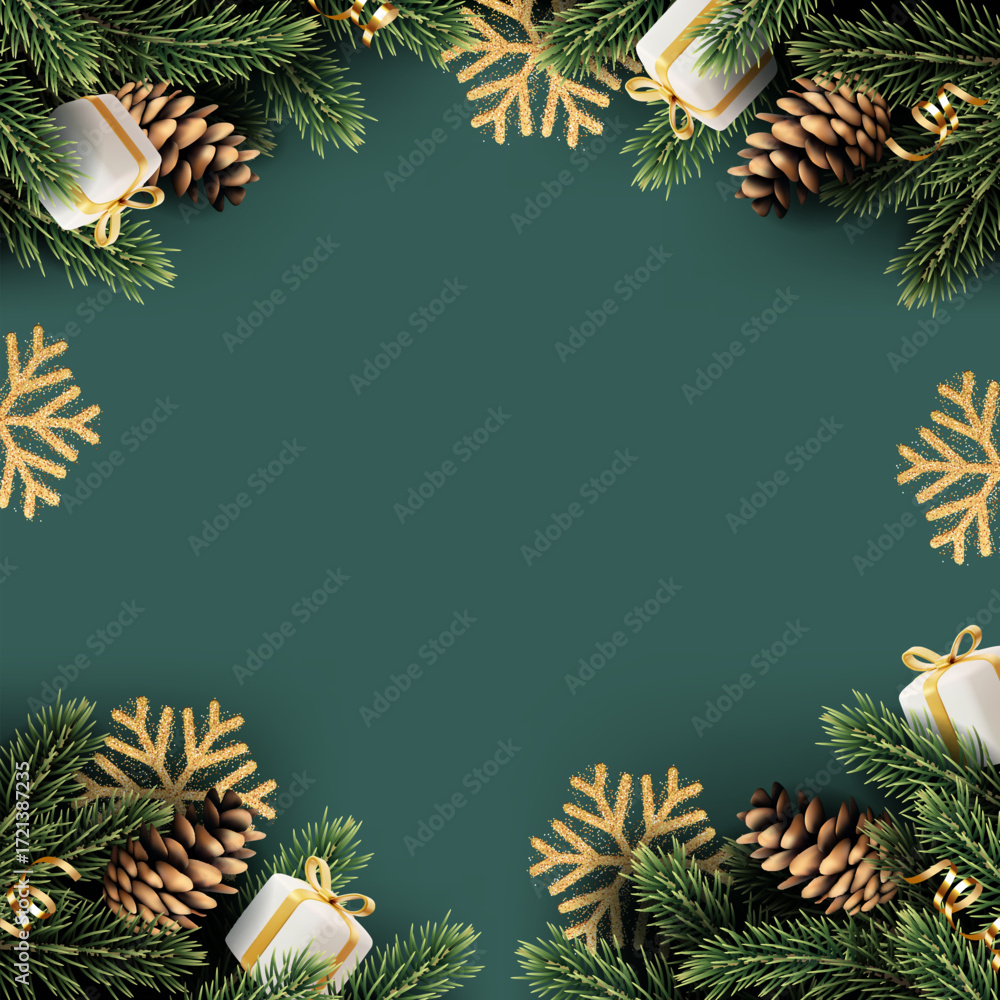 Fototapeta premium Christmas and New Year background with fir trees and cones. 
