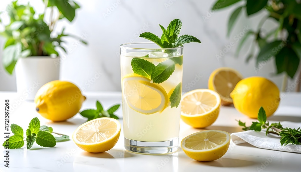 Fototapeta premium Refreshing glass of lemon juice with mint high resolution photo