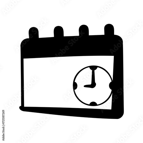 Black and White Calendar Icon with Clock Face for Scheduling