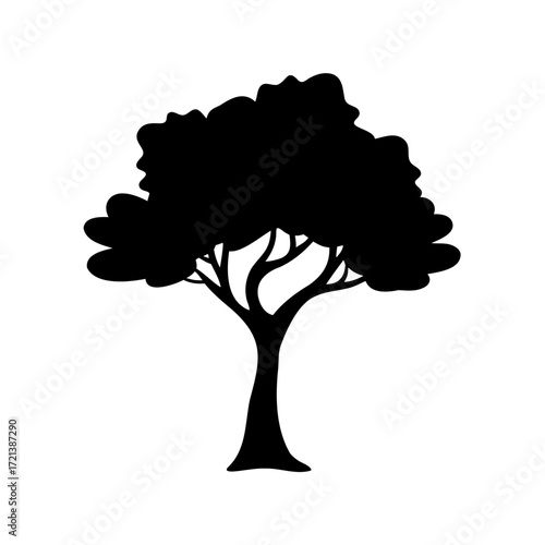 Silhouette of a tree with large leafy crown against a white background