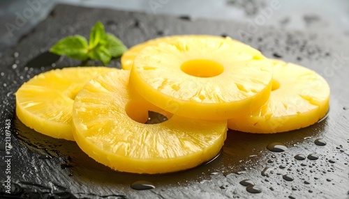 Ripe pineapple fruit slices displayed with freshness high resolution photo