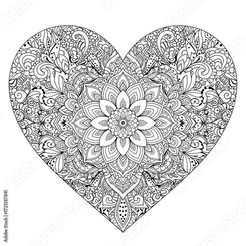 Decorative Heart Vector Illustration with Floral Mandala Elements in Black and White Ornate Style