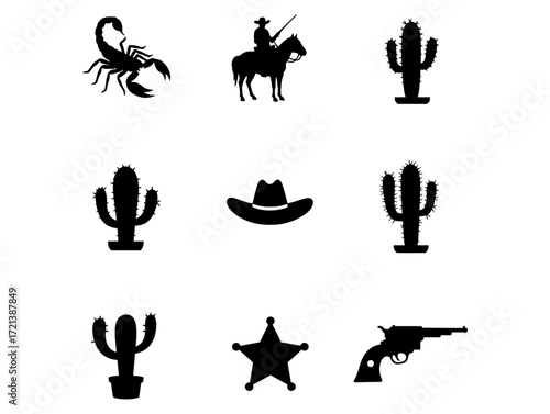 Collection of classic american wild west vector silhouette icons isolated on a white background