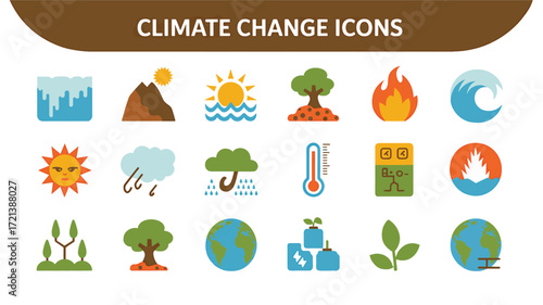 Flat 2026 climate change icon set with environmental, sustainability, and global warming symbols