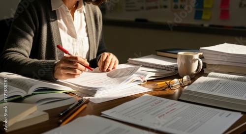 Dedicated student reviewing academic papers and notes under warm desk lamp light with piles of books
