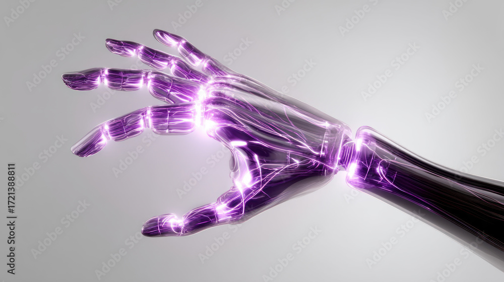 Obraz premium Robot hand with purple backlight on white background. Artificial Intelligence, Futuristic Digital Technology, Metaverse of Digital Intelligent World