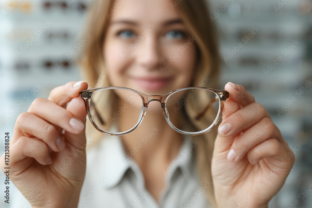 Fototapeta premium A happy young woman shows off her new eyeglasses in an optics store, choosing eyewear for clear vision and fashionable style to improve eyesight and appearance.