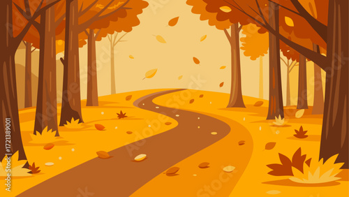 A winding path through an autumn forest with falling leaves and orange and brown trees in the background