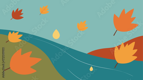 Autumnal scene featuring falling leaves river and rolling hills under a serene sky backdrop design