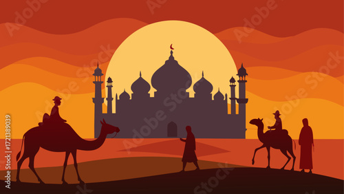 Silhouette of camels and people traveling towards a mosque at sunset in the desert landscape