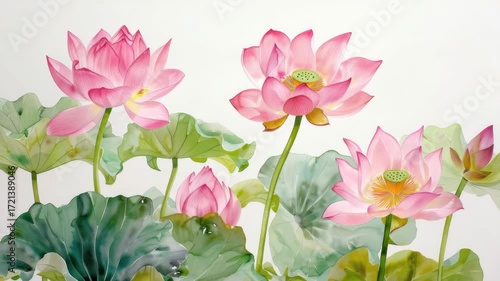 Wallpaper Mural Watercolor painting of lotuses in bloom against a white background. Torontodigital.ca
