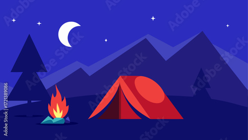 Wallpaper Mural Camping scene at night with a tent, campfire, trees, mountains, moon, and stars in the sky background Torontodigital.ca