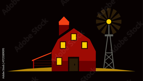 Illustration of a rural scene with a red barn a windmill and a dark background in a flat style