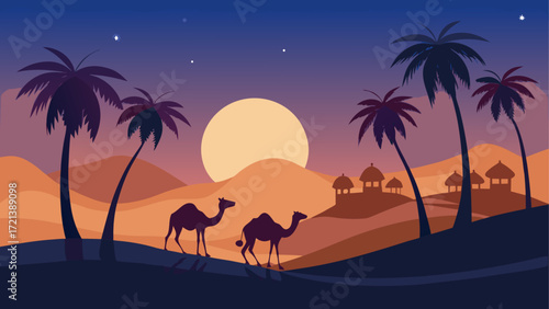 Silhouette of camels walking through a desert landscape with palm trees against a sunset sky at dusk