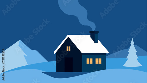 Illustration of a house with snow on the roof and a tree in a winter landscape at nighttime scene