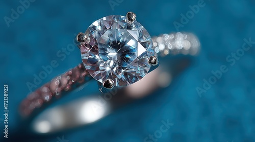 Stunning diamond ring with intricate band showcased against a vibrant blue background