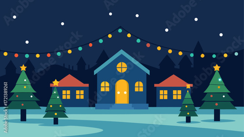 A christmas scene with houses trees lights and stars under a dark blue night sky with white dots falling