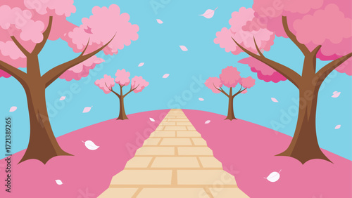 Illustration of a path with cherry blossom trees and falling petals on a beautiful spring day scene landscape
