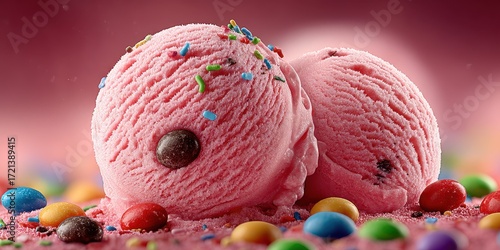 Pink ice cream with colorful sprinkles and candies displayed on a vibrant background