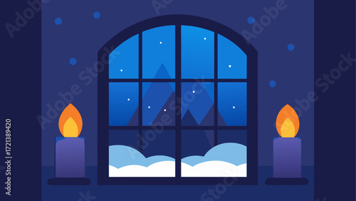 Window view of snowy mountains at night with candles creating a cozy winter scene indoors